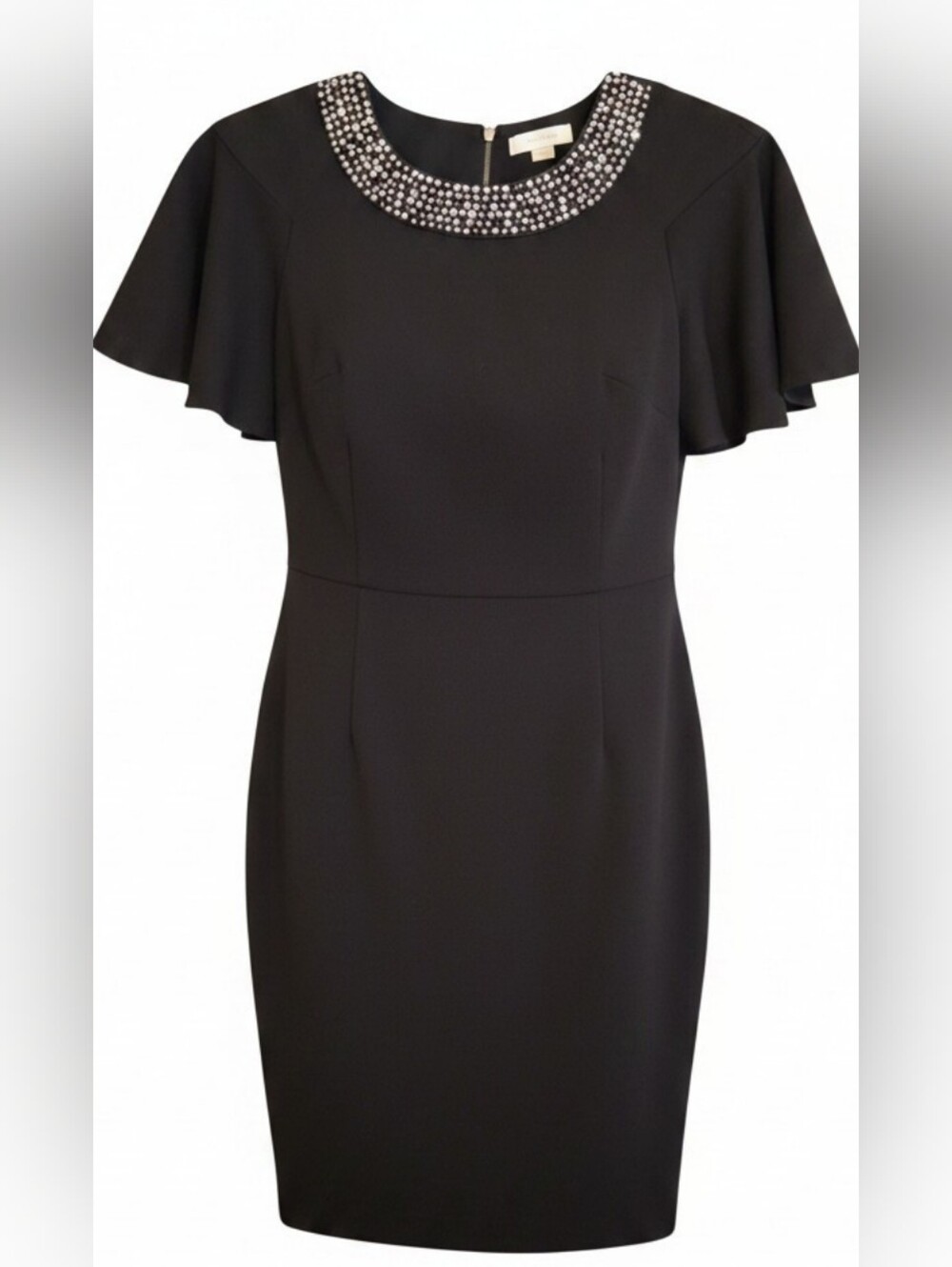 Calvin Klein Black Midi Dress Ruffled Sleeve And Embellished Neckline Size 8